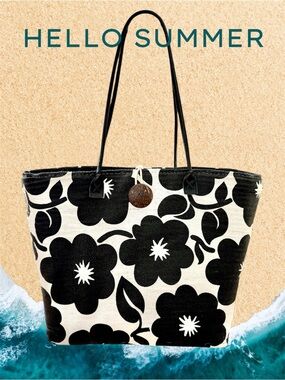 Sun & Sand Black & Cream Floral Beach Pool Vacation Shopping Tote Bag 15”x14”x6”